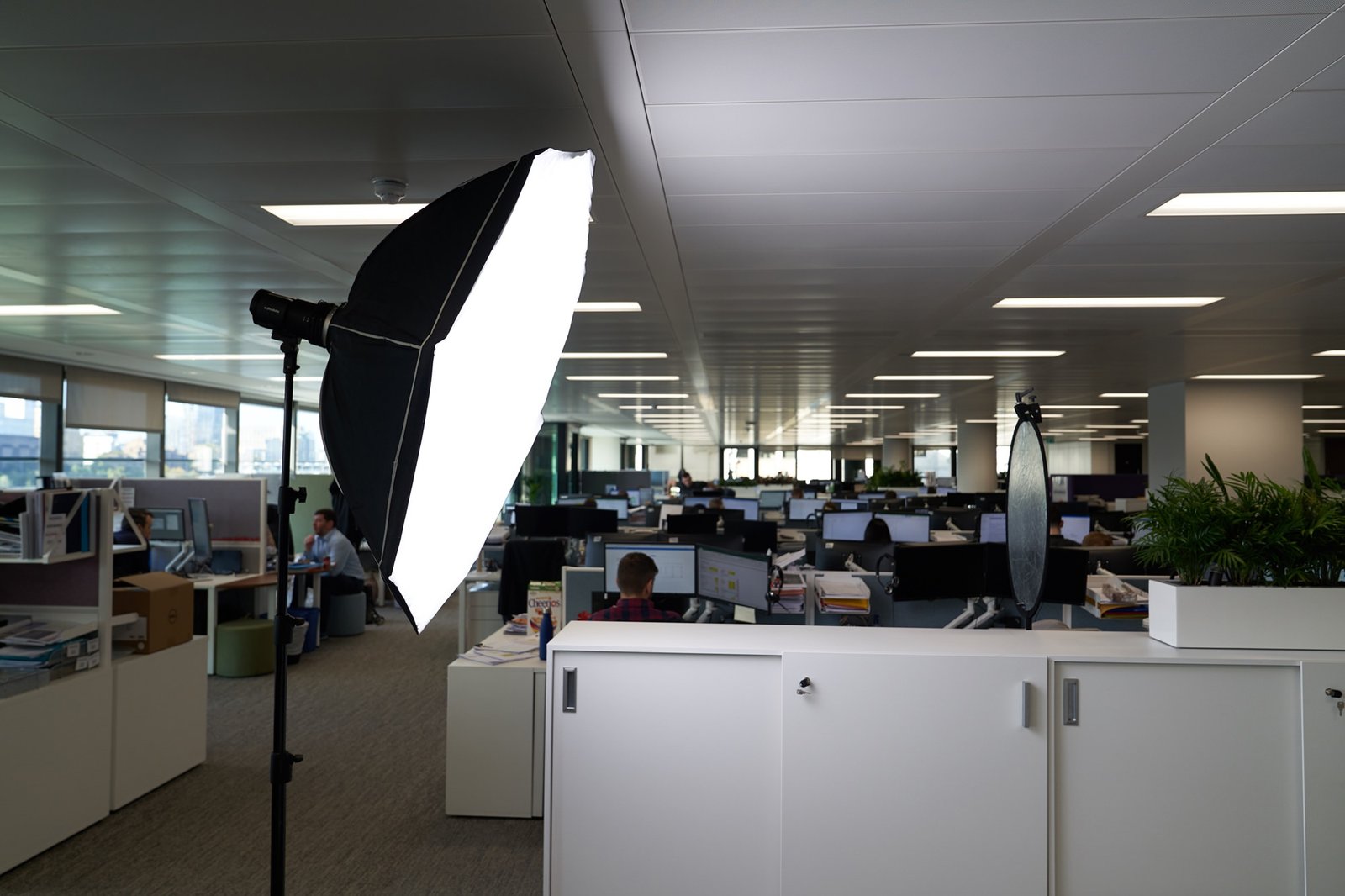 A large softbox light is set up in an open-plan office with numerous desks and monitors. People are working in the background. The office is well-lit, with a mix of artificial and natural light coming through the windows