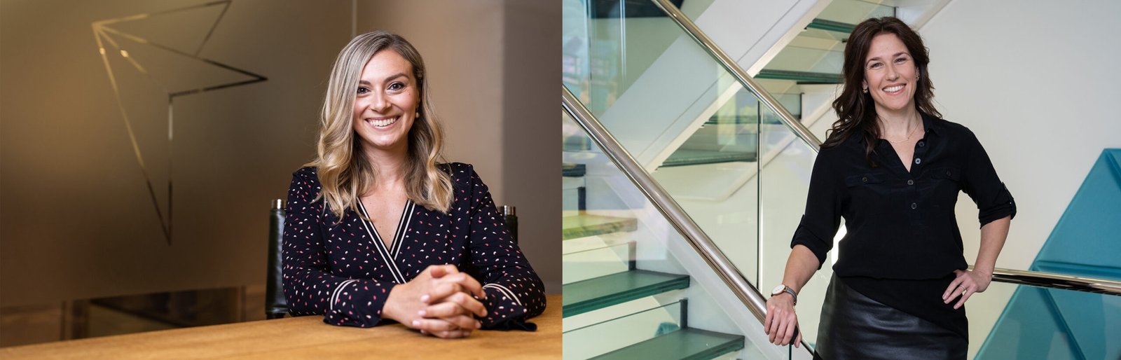 Two women are pictured in professional settings. On the left, one sits at a wooden table, smiling. On the right, another woman stands by a glass staircase railing, also smiling. Both are dressed in dark, stylish outfits