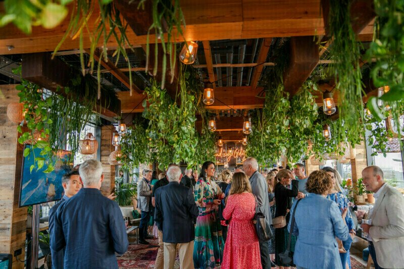 A lively indoor gathering captured by a London conference photographer. The space features a wooden ceiling adorned with hanging green plants and pendant lights, while attendees in diverse outfits engage in conversation amid the warm, inviting atmosphere