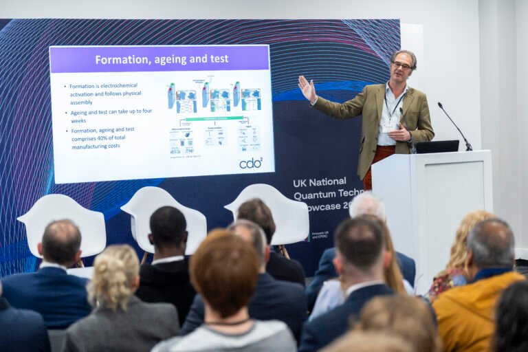 Speaker presenting at UK Quantum Technology Showcase.